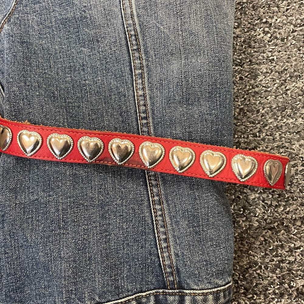Vintage Red Leather Belt Silver Heart Conchos Western Boho Size 27